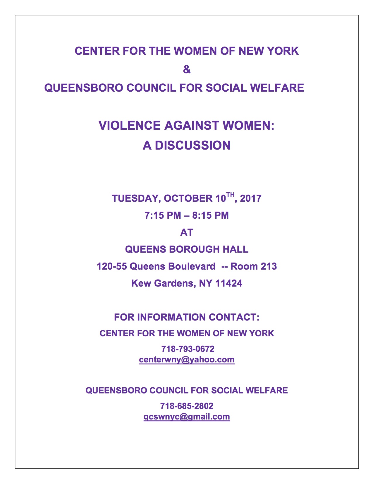 Violence Against Women: A Discussion @ Queensborough Hall, Room 213